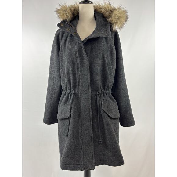 Madewell Vancouver Parka Coat Dark Grey Size XL Wool Blend Faux Fur Hood Pockets - Picture 1 of 16